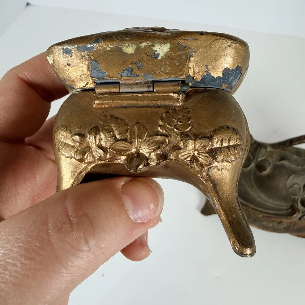 2 Antique Victorian Jewelry Trinket Box Art Nouveau Casket Gold Gilt Floral Rose